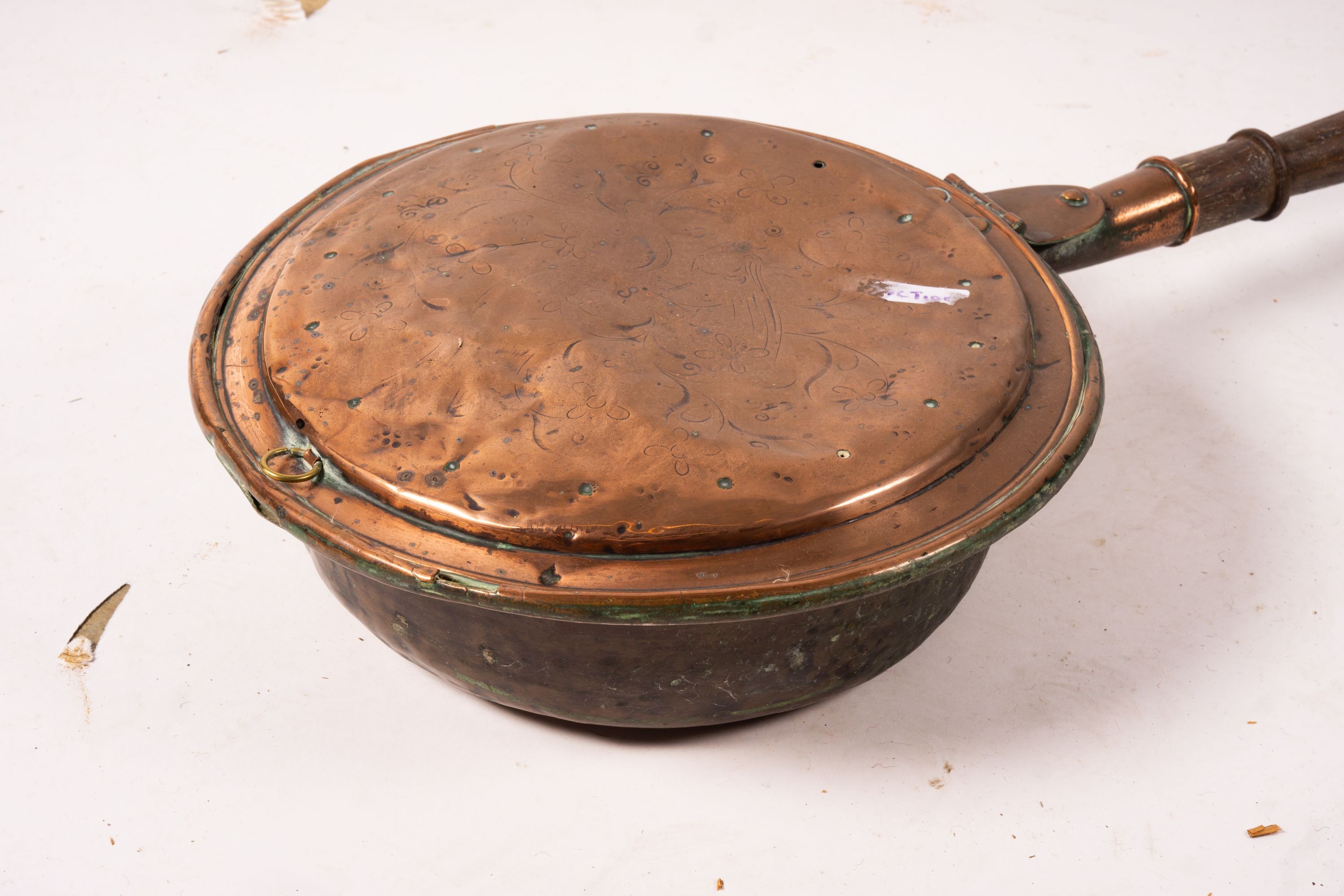 A Victorian iron bound staved oak jug, height 36cm, an amphora style pottery vase and a copper warming pan